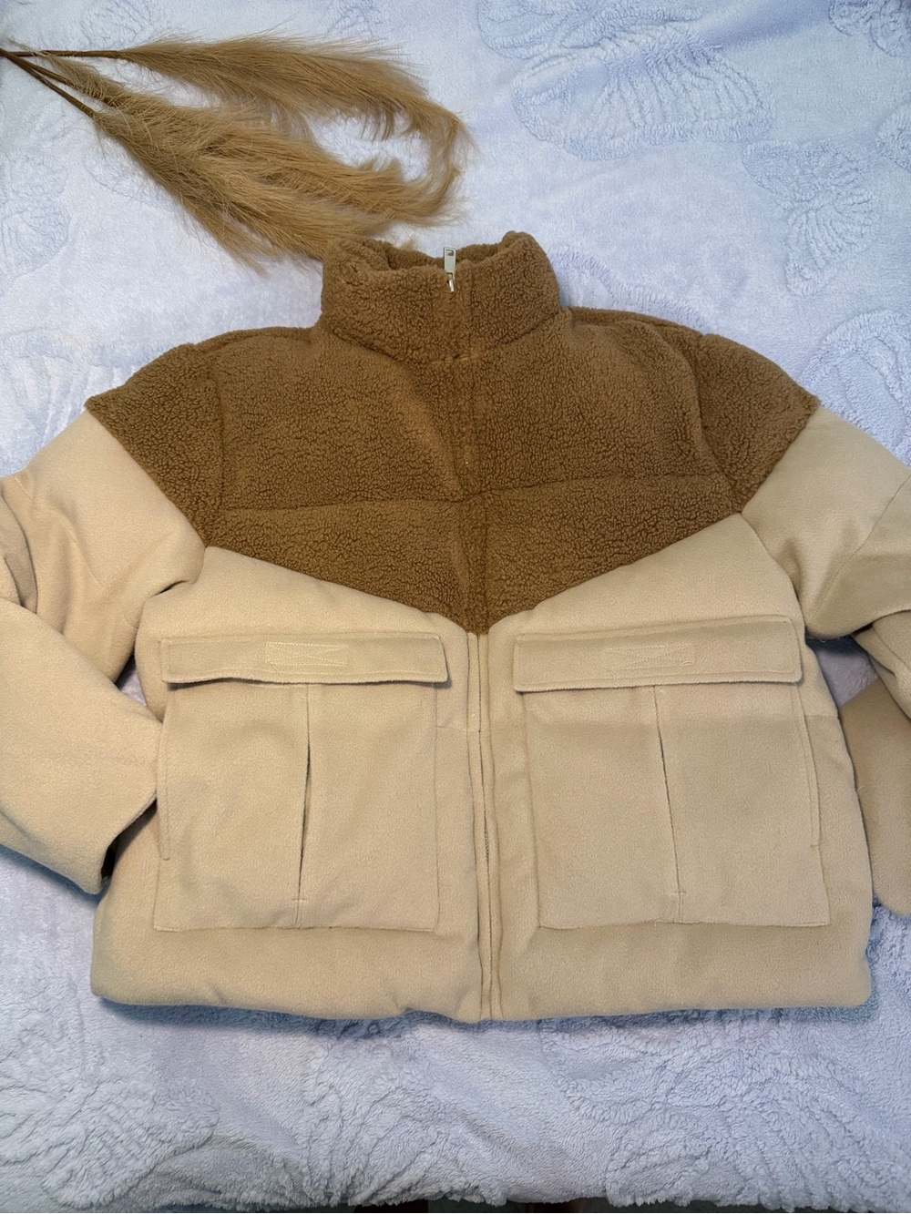 Fashion Nova Two-Tone Teddy Bomber Jacket in Brown and Beige